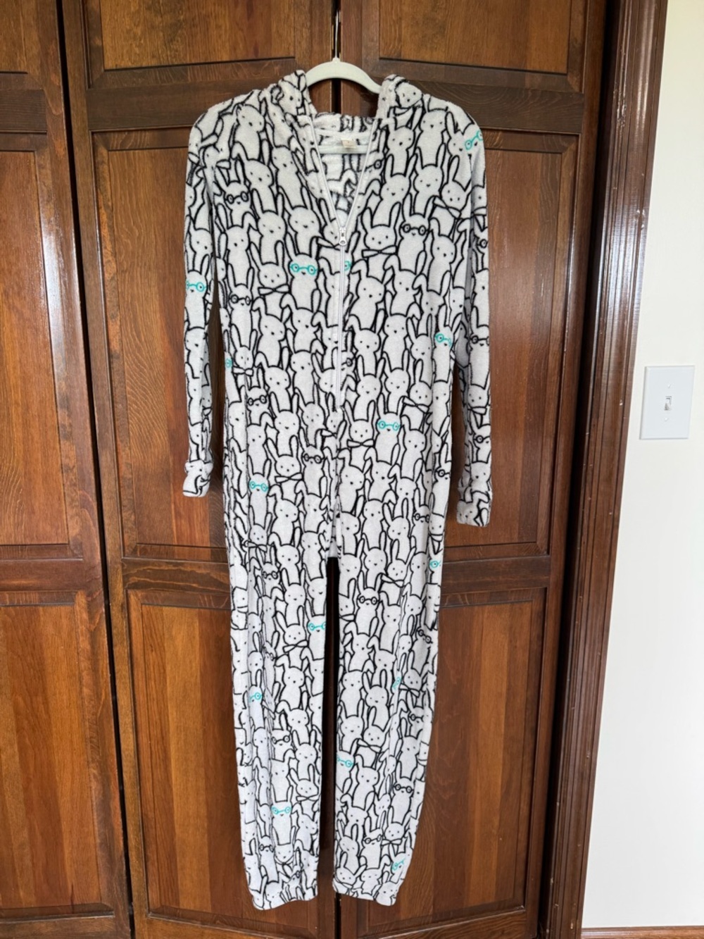 flirtitude White Hooded Bunny Onesie with Black Print and Teal Accents
